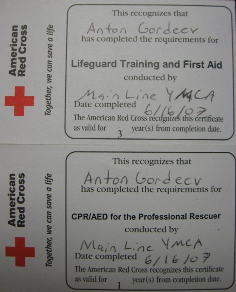 Сертификаты Американского Красного Креста по навыкам спасения, первой помощи, искусственного дыхания и использования дефибриллятора