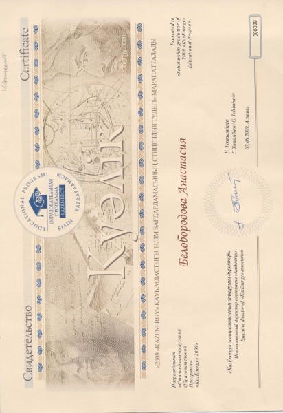 Сертификат стипендиата Ассоциации KazEnergy, 2009