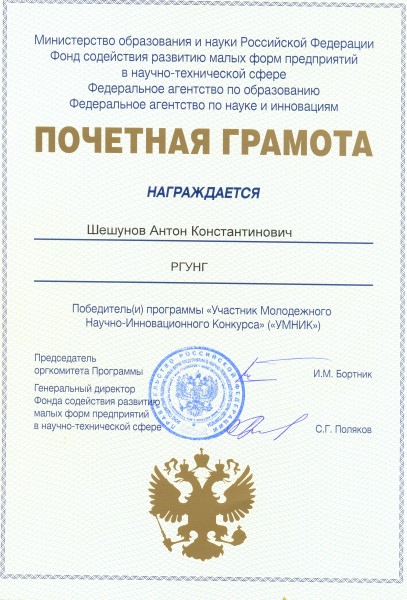Почетная грамота победителя программы «Участник Молодежного Научно-Инновационного Конкурса» («УМНИК»), 2009